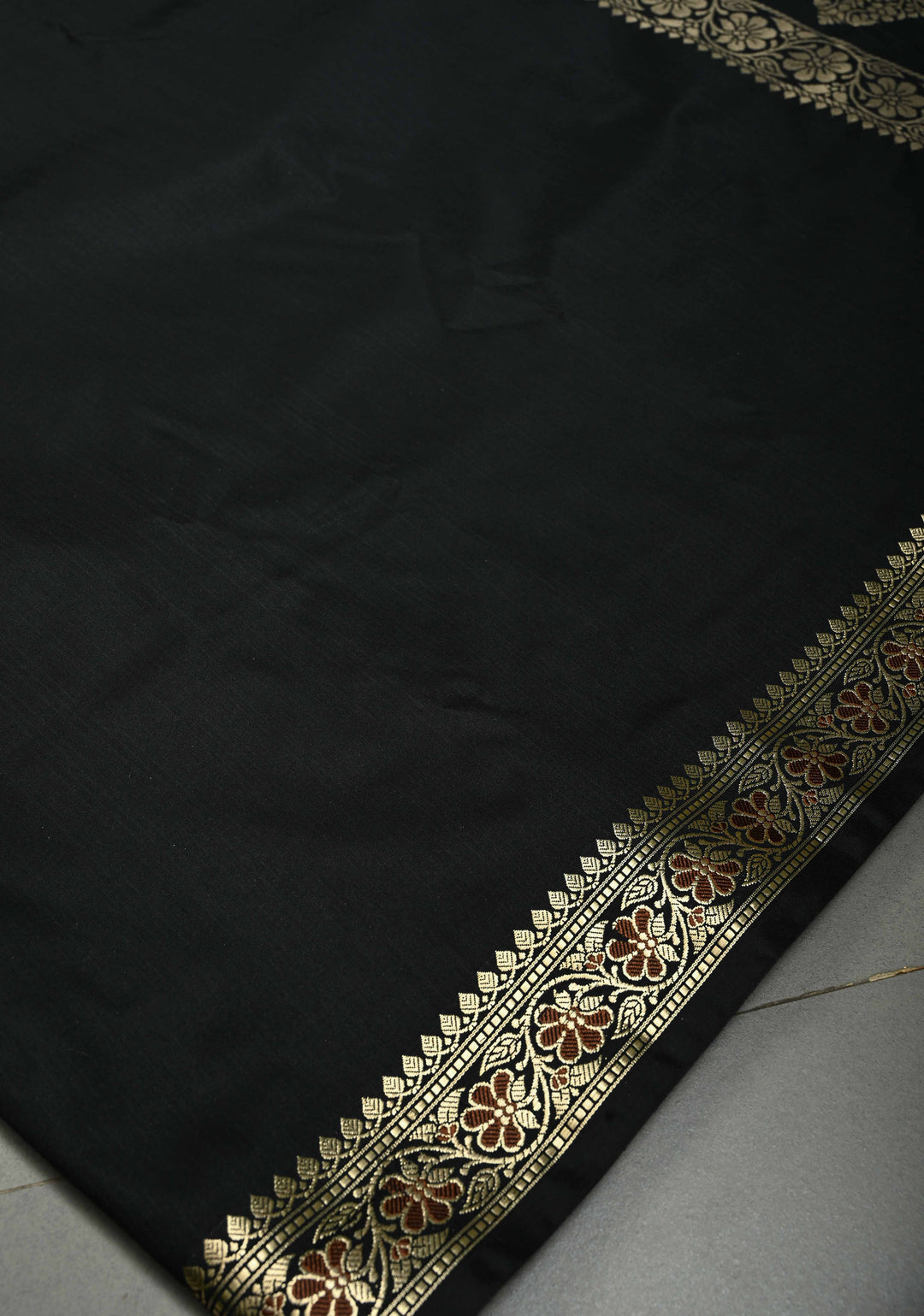 Black Semi Silk Saree with Meenakari Floral Minimal Zari Border | SHOBITAM