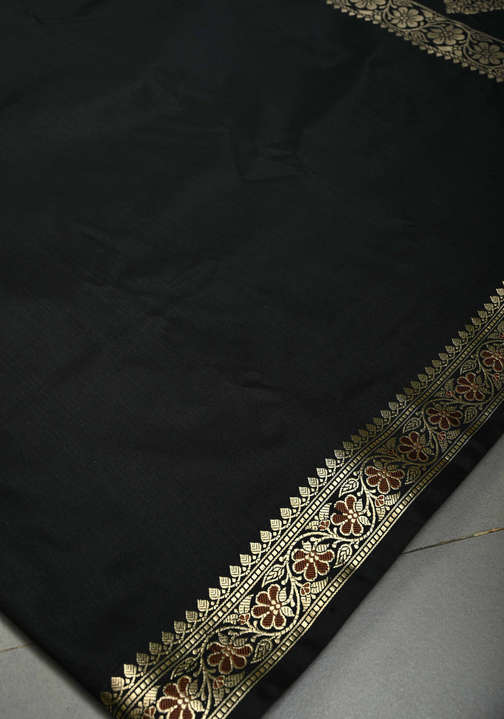 Black Semi Silk Saree with Meenakari Floral Minimal Zari Border | SHOBITAM