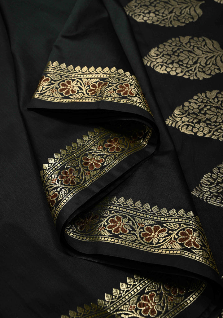 Black Semi Silk Saree with Meenakari Floral Minimal Zari Border | SHOBITAM