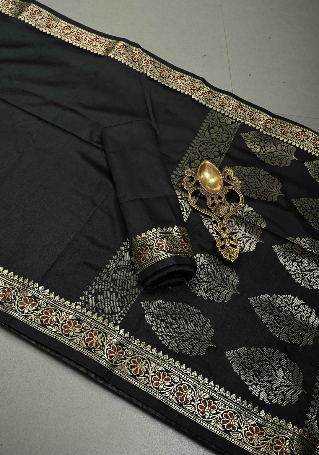 Black Semi Silk Saree with Meenakari Floral Minimal Zari Border | SHOBITAM