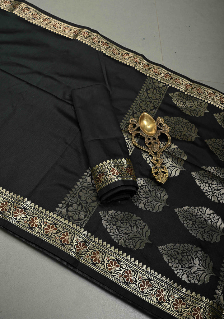 Black Semi Silk Saree with Meenakari Floral Minimal Zari Border | SHOBITAM