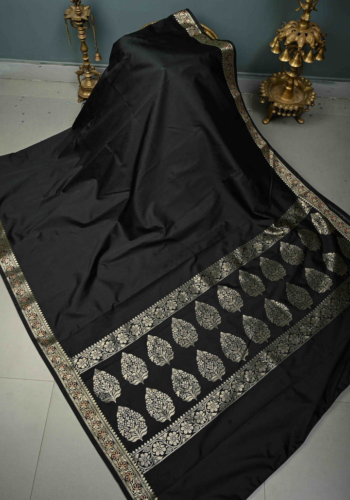 Black Semi Silk Saree with Meenakari Floral Minimal Zari Border | SHOBITAM