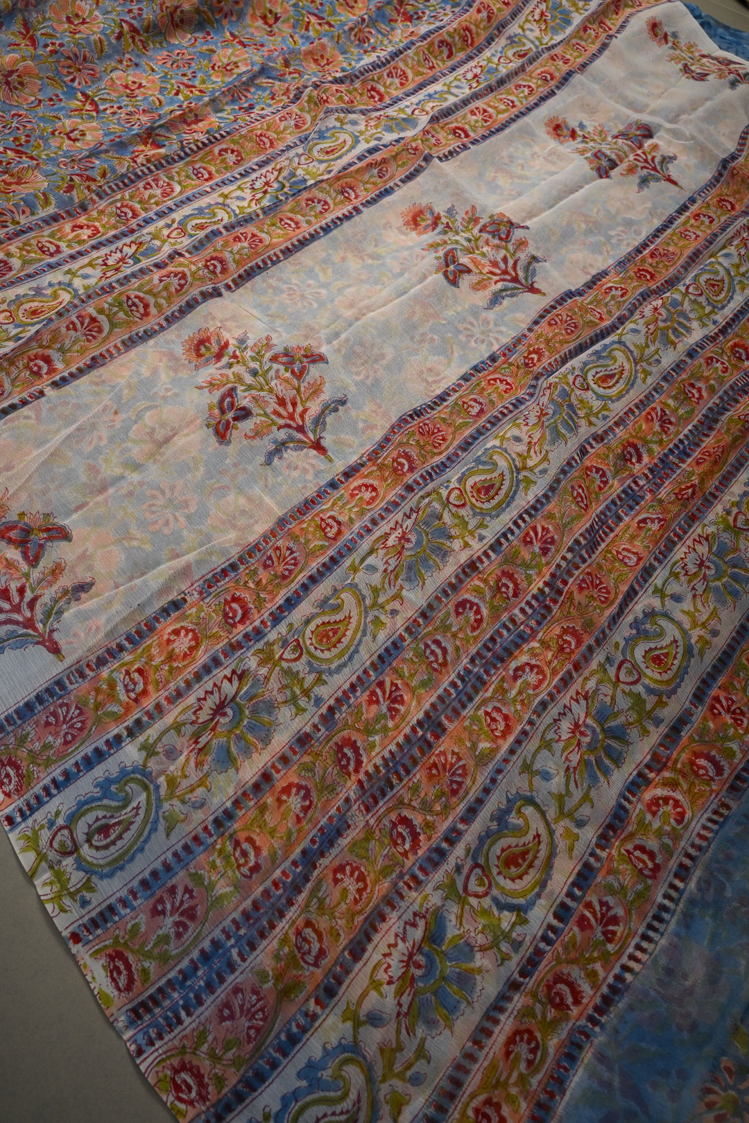 Sky Blue Georgette Saree with Sanganeri Hand Block Print | SHOBITAM