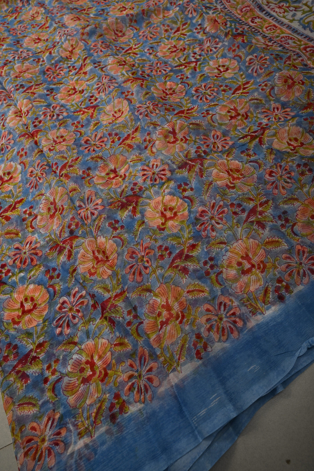 Sky Blue Georgette Saree with Sanganeri Hand Block Print | SHOBITAM