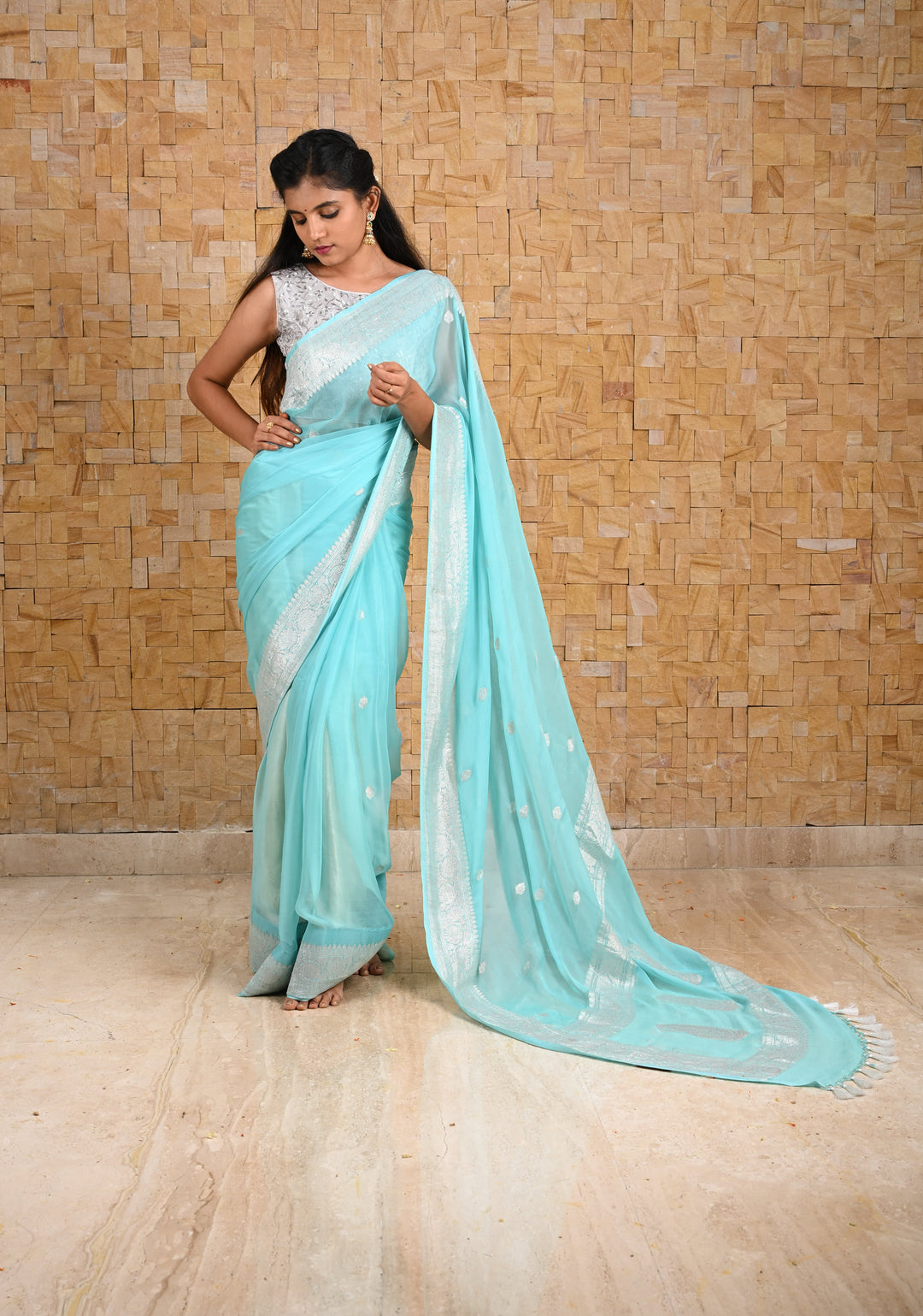 Lagoon blue Pure Chiffon Silk Saree with Silver tone Zari Buttas and Border | SILK MARK CERTIFIED