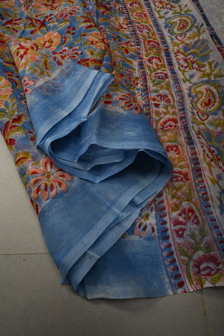 Sky Blue Georgette Saree with Sanganeri Hand Block Print | SHOBITAM
