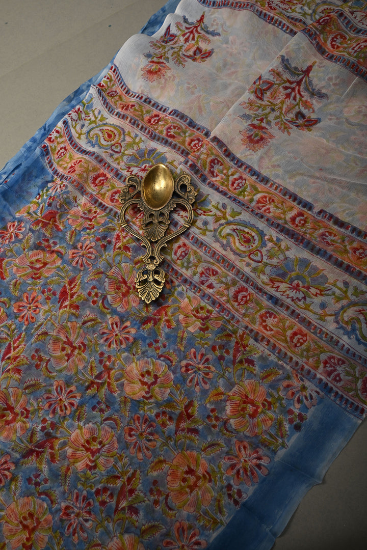 Sky Blue Georgette Saree with Sanganeri Hand Block Print | SHOBITAM