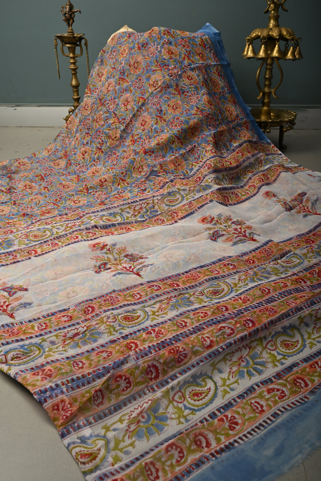 Sky Blue Georgette Saree with Sanganeri Hand Block Print | SHOBITAM