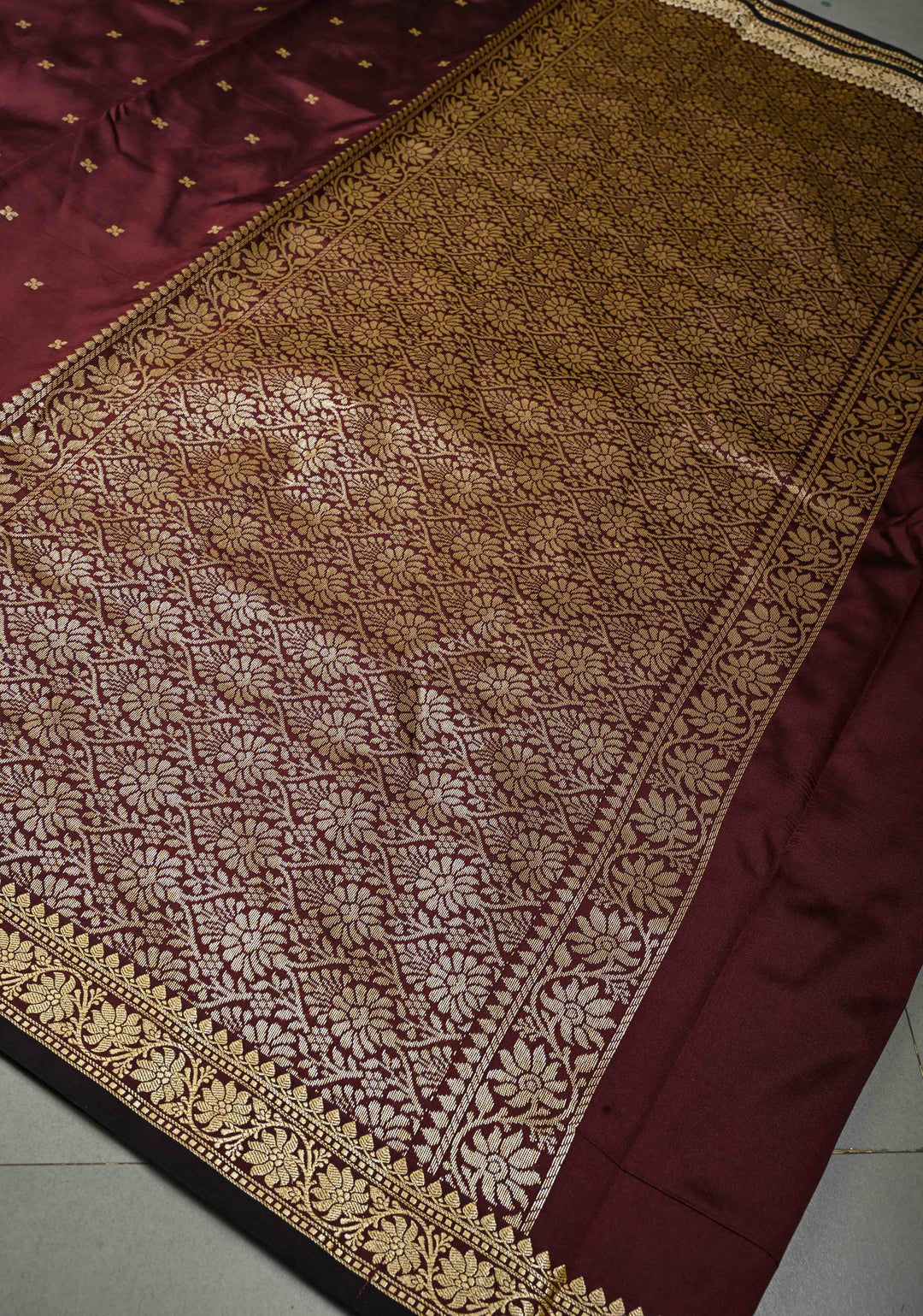 Burgundy Semi Silk Saree with Zari Buttis and Minimal Zari Border | SHOBITAM