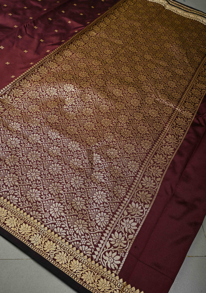 Burgundy Semi Silk Saree with Zari Buttis and Minimal Zari Border | SHOBITAM