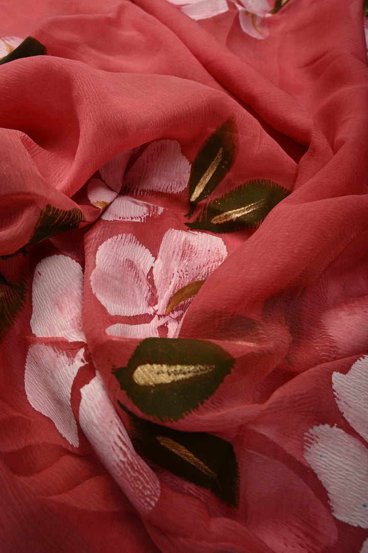 Dusty Rose Chiffon Saree with Floral Handpainted ,No Blouse Piece | SHOBITAM