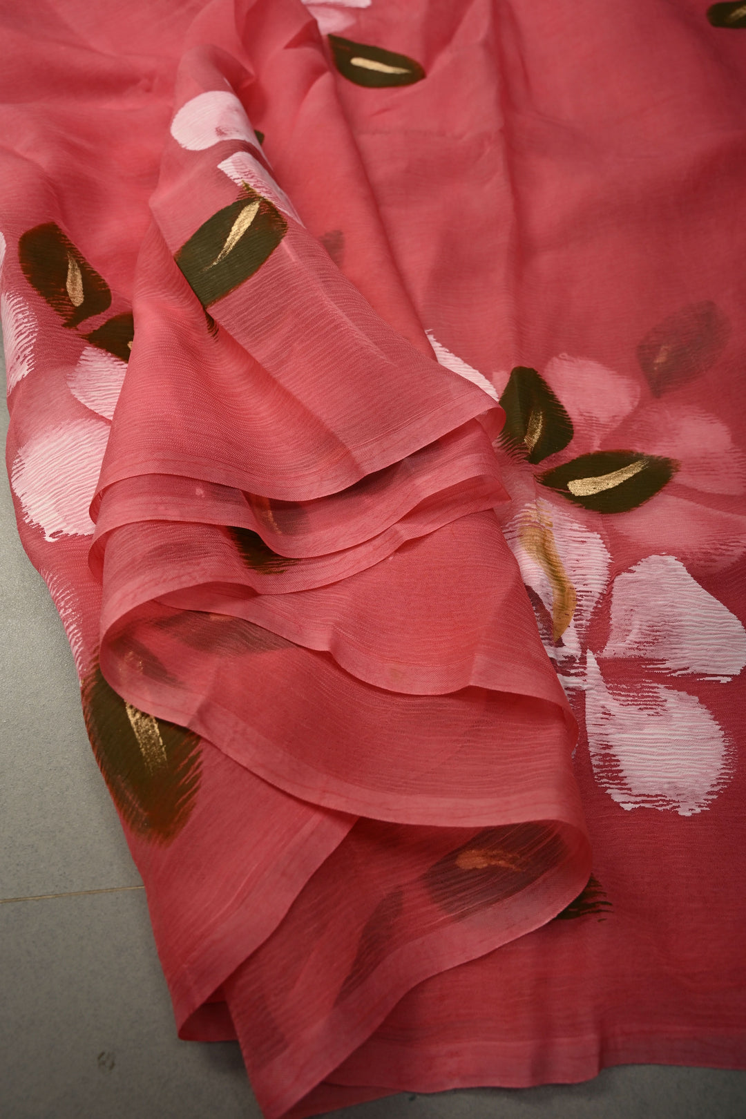 Dusty Rose Chiffon Saree with Floral Handpainted ,No Blouse Piece | SHOBITAM