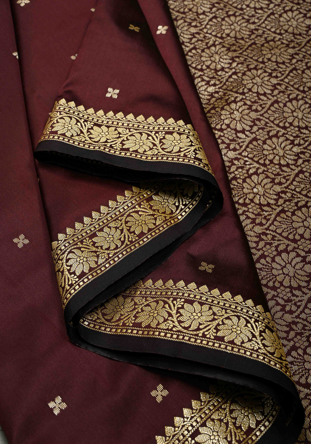 Burgundy Semi Silk Saree with Zari Buttis and Minimal Zari Border | SHOBITAM