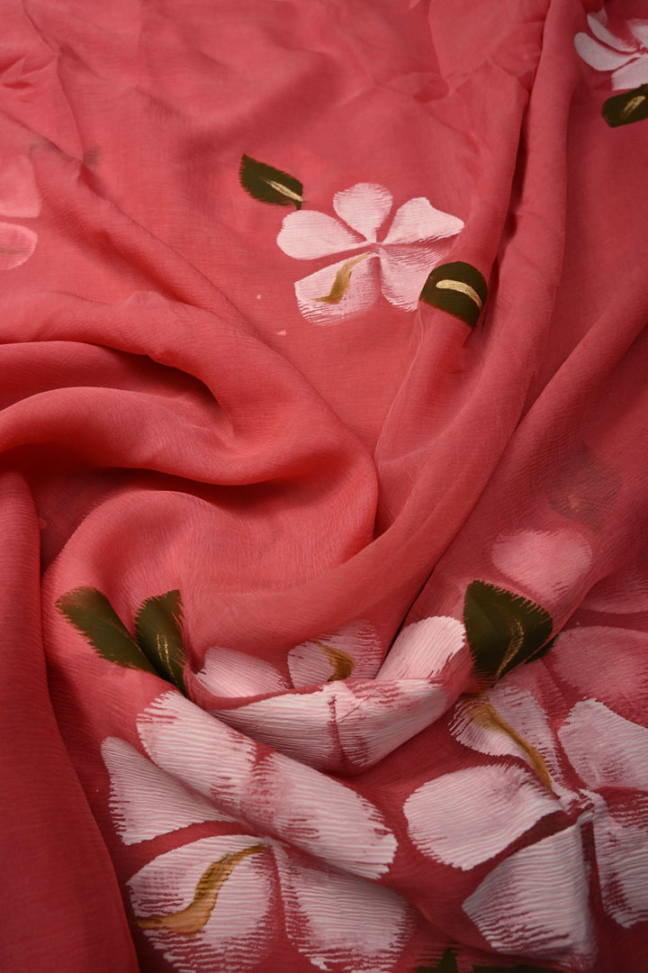 Dusty Rose Chiffon Saree with Floral Handpainted ,No Blouse Piece | SHOBITAM