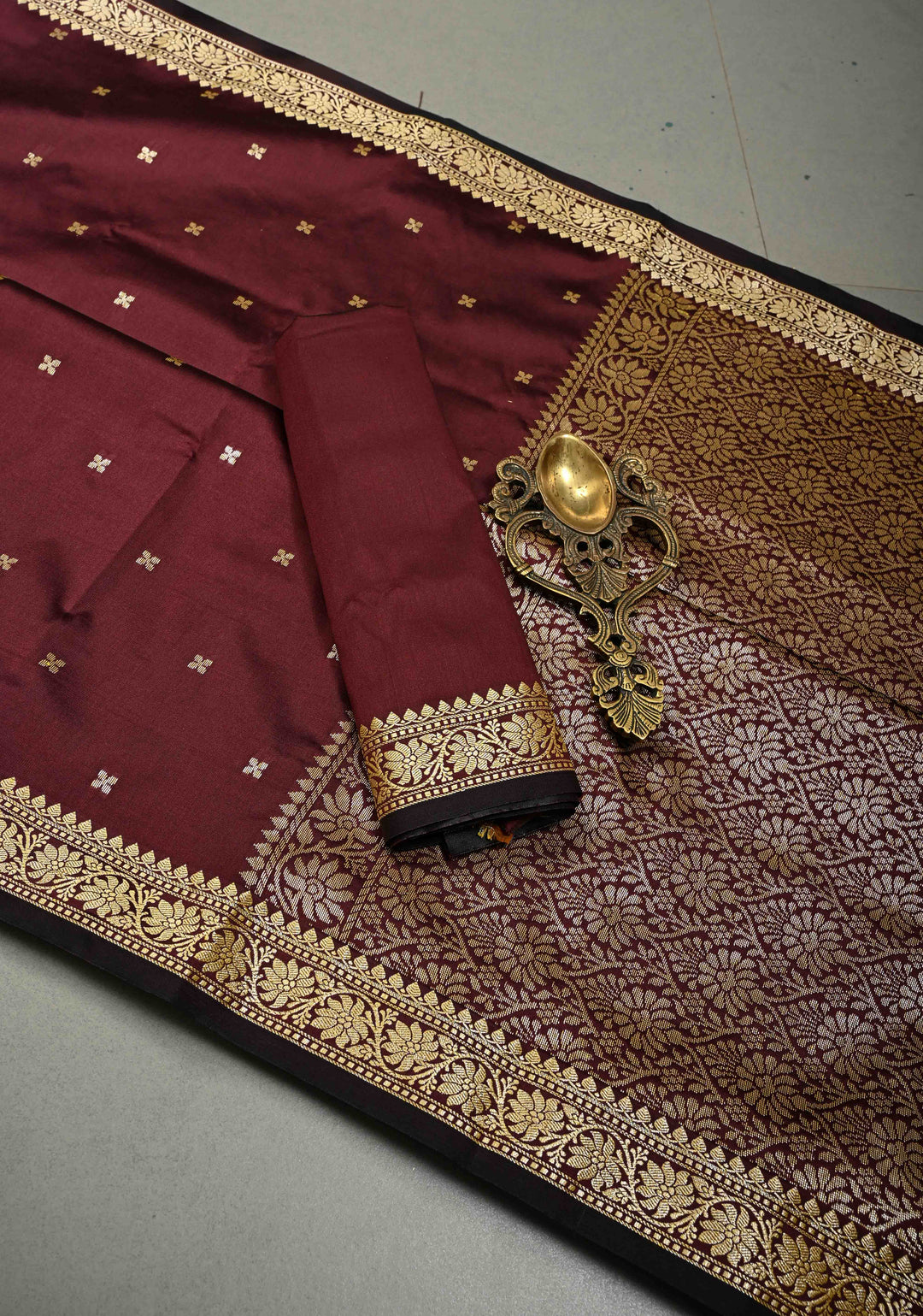 Burgundy Semi Silk Saree with Zari Buttis and Minimal Zari Border | SHOBITAM