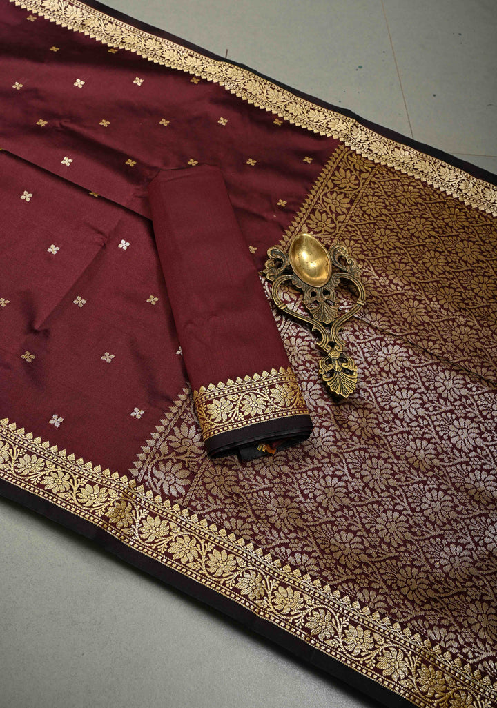 Burgundy Semi Silk Saree with Zari Buttis and Minimal Zari Border | SHOBITAM