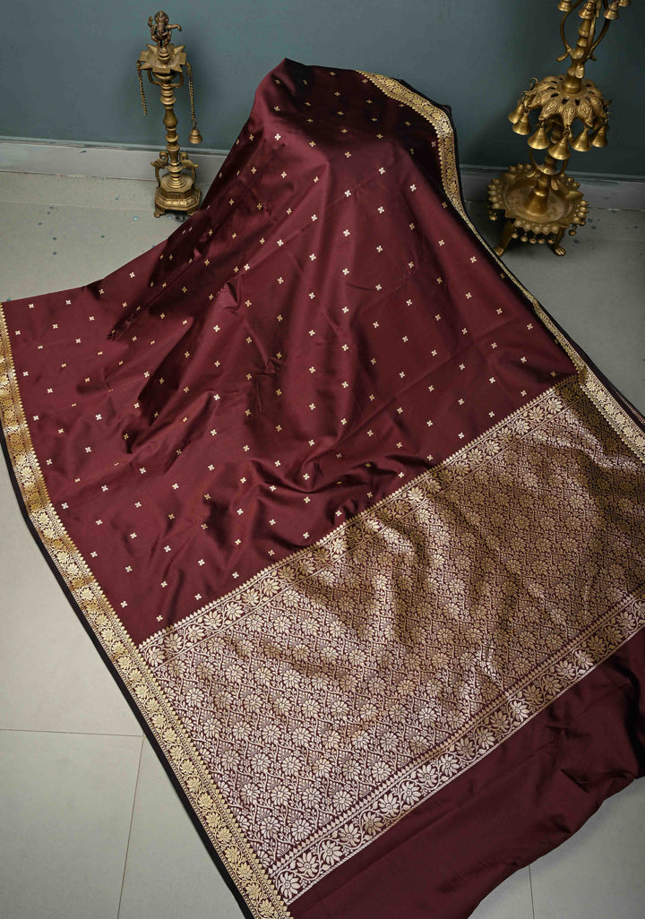 Burgundy Semi Silk Saree with Zari Buttis and Minimal Zari Border | SHOBITAM