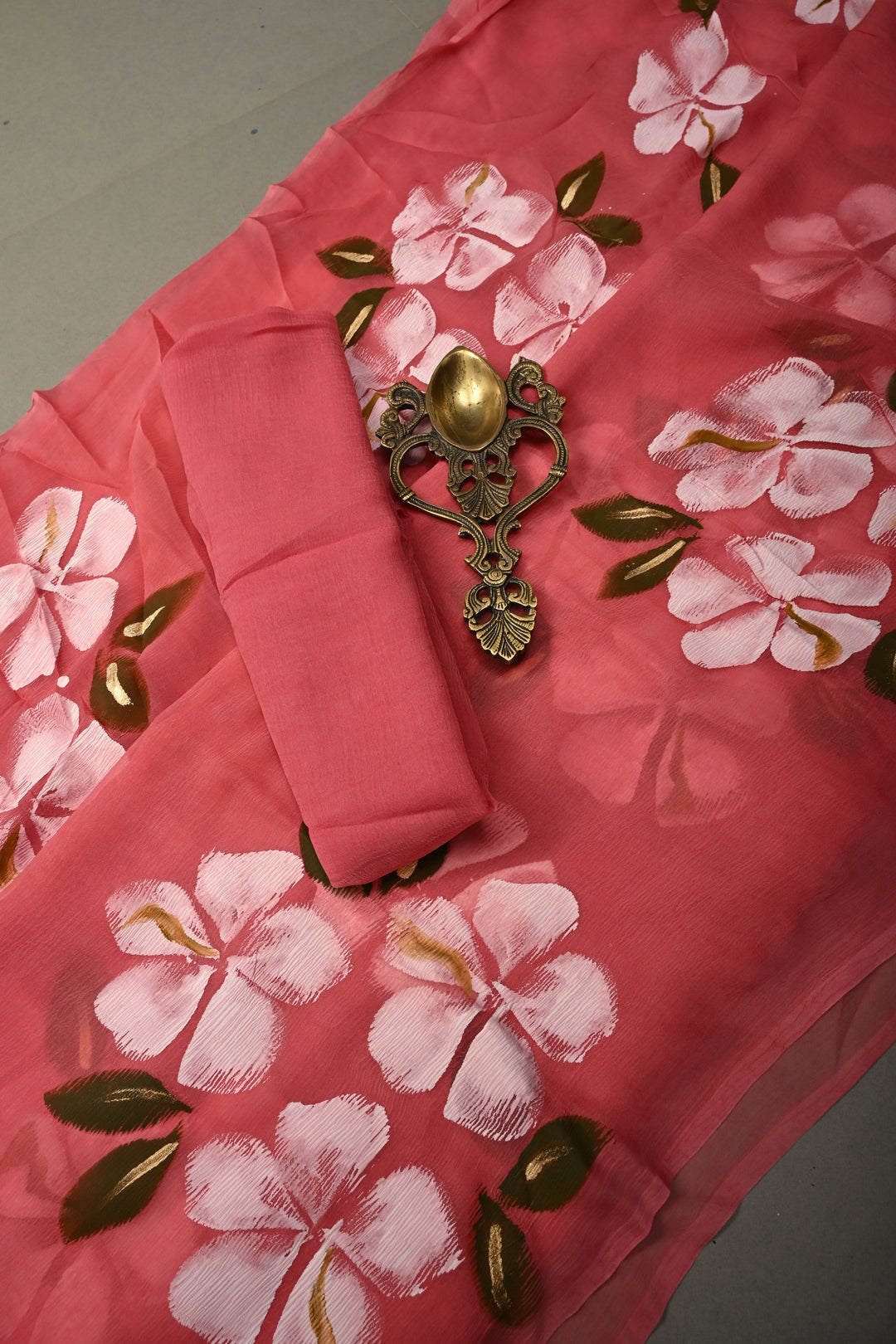 Dusty Rose Chiffon Saree with Floral Handpainted ,No Blouse Piece | SHOBITAM