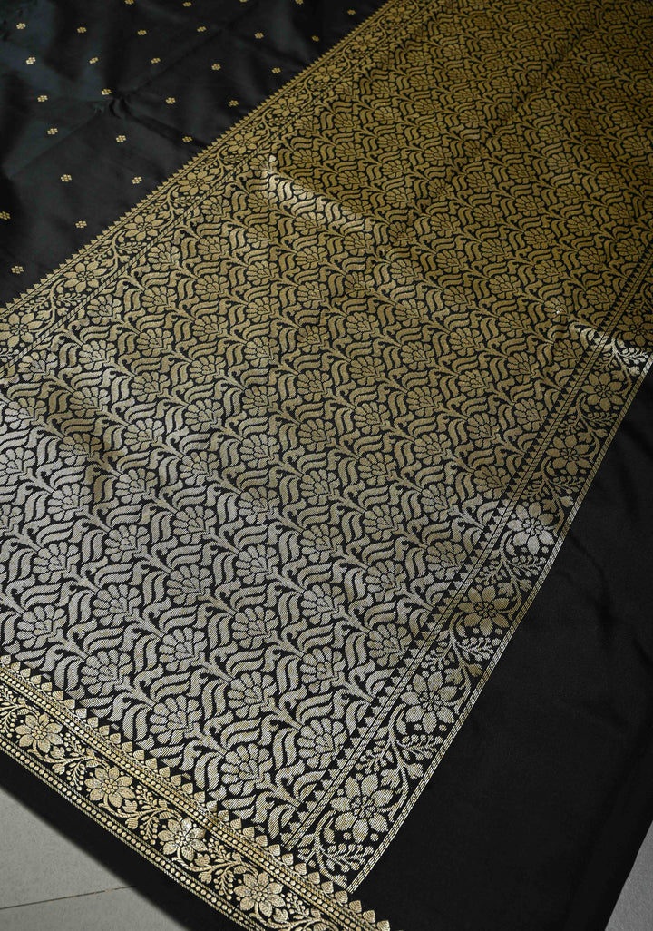 Black Semi Silk Saree with Zari Buttis and Floral Minimal Zari Border | SHOBITAM