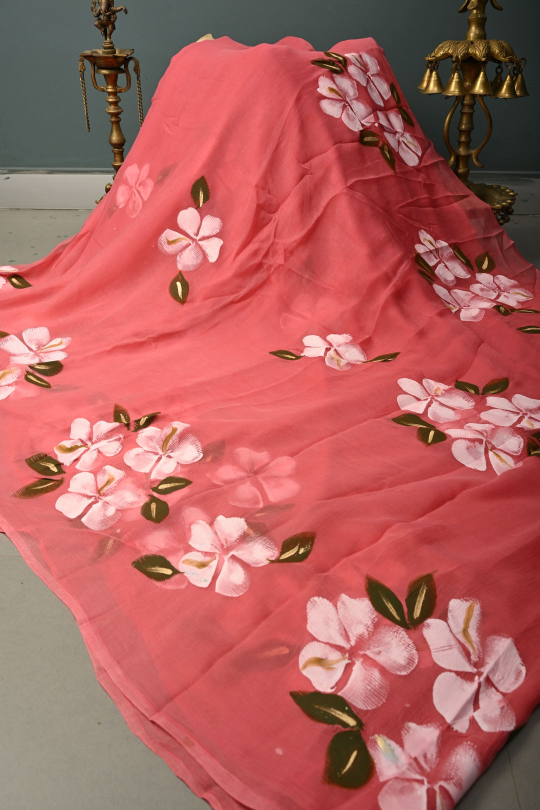 Dusty Rose Chiffon Saree with Floral Handpainted ,No Blouse Piece | SHOBITAM