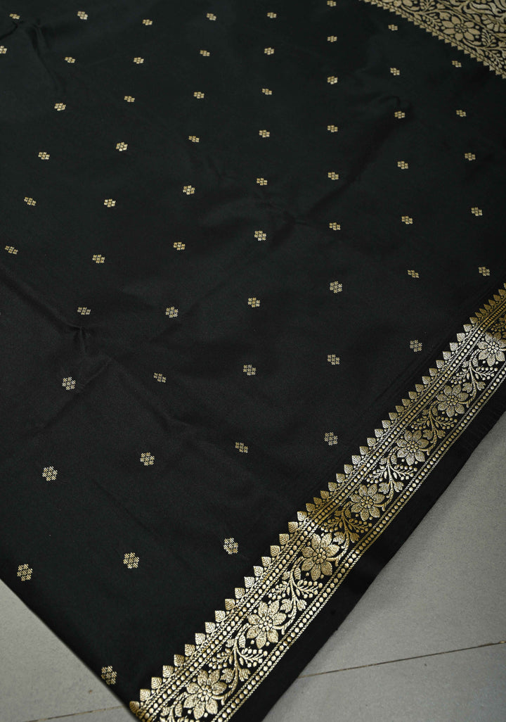 Black Semi Silk Saree with Zari Buttis and Floral Minimal Zari Border | SHOBITAM