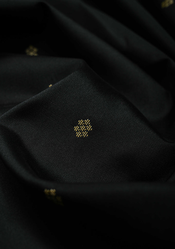 Black Semi Silk Saree with Zari Buttis and Floral Minimal Zari Border | SHOBITAM