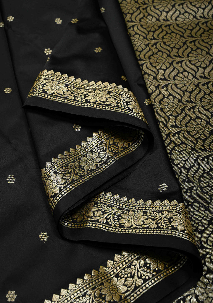Black Semi Silk Saree with Zari Buttis and Floral Minimal Zari Border | SHOBITAM