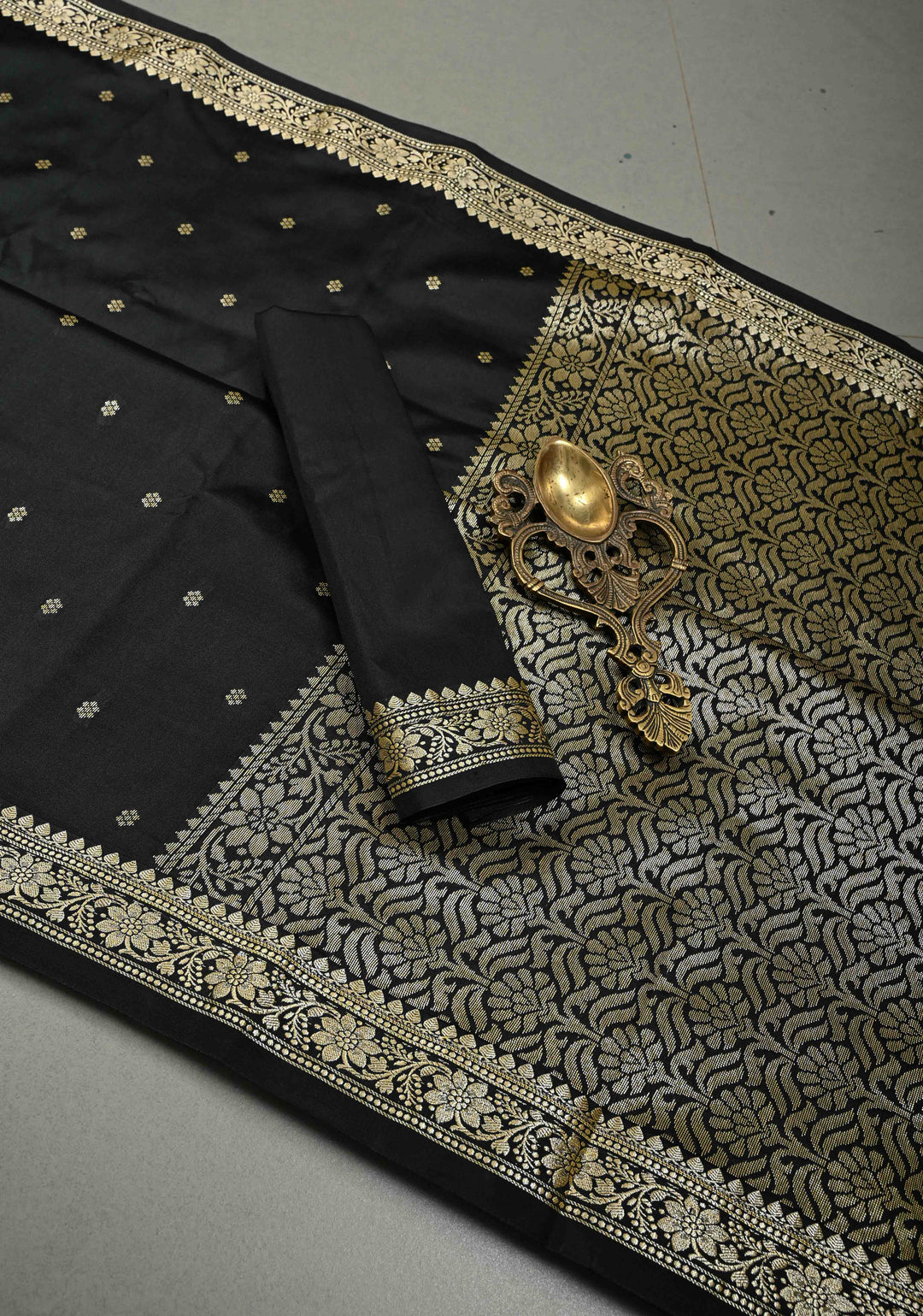Black Semi Silk Saree with Zari Buttis and Floral Minimal Zari Border | SHOBITAM