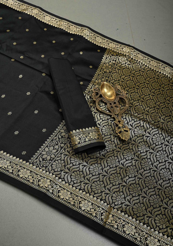 Black Semi Silk Saree with Zari Buttis and Floral Minimal Zari Border | SHOBITAM
