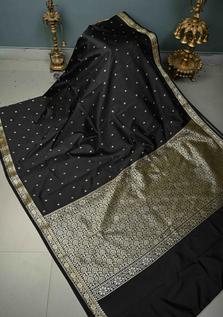 Black Semi Silk Saree with Zari Buttis and Floral Minimal Zari Border | SHOBITAM