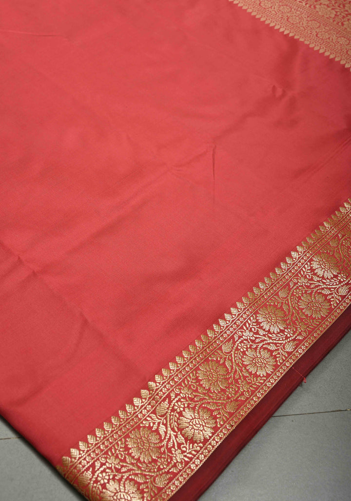 Coral Pink Semi Silk Saree With Zari Border | SHOBITAM