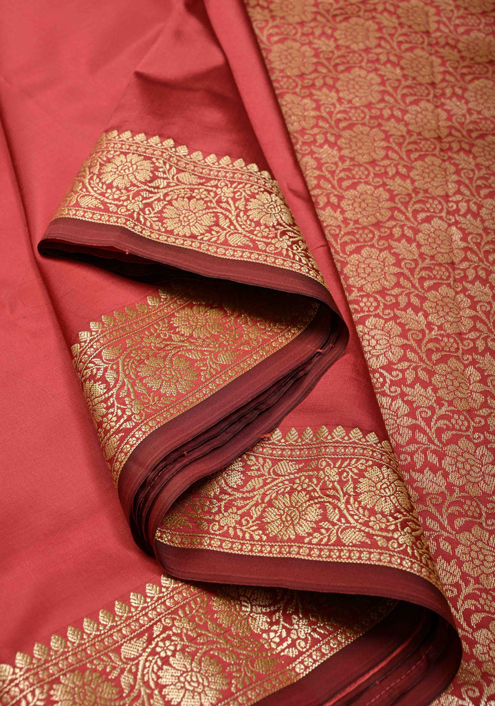 Coral Pink Semi Silk Saree With Zari Border | SHOBITAM