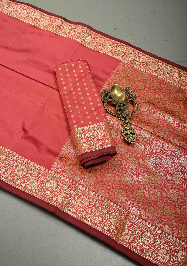 Coral Pink Semi Silk Saree With Zari Border | SHOBITAM
