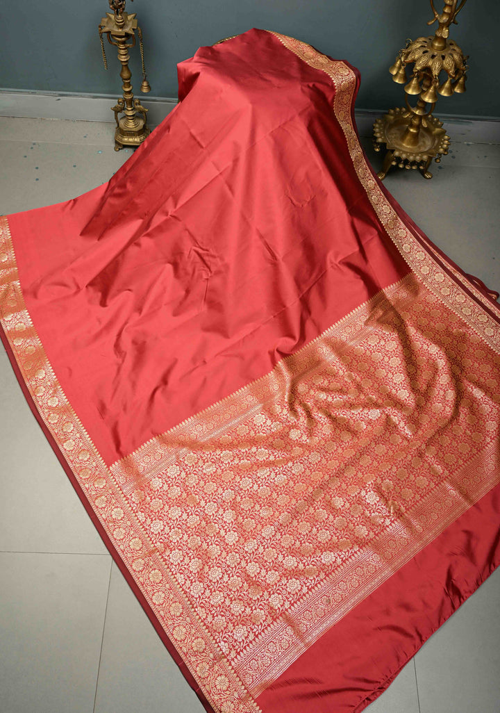 Coral Pink Semi Silk Saree With Zari Border | SHOBITAM