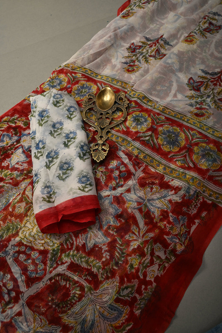 Maroon Georgette Saree with Sanganeri Hand Block Print | SHOBITAM