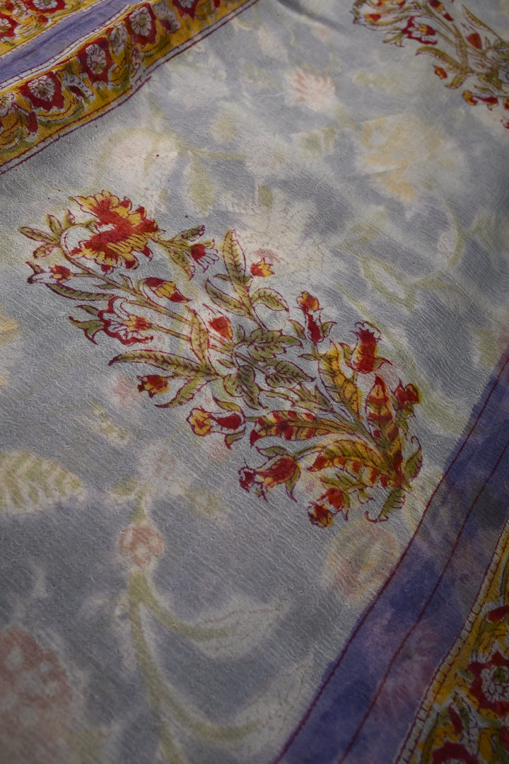 Periwinkle Georgette Saree with Sanganeri Hand Block Print | SHOBITAM