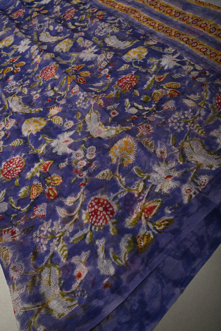 Periwinkle Georgette Saree with Sanganeri Hand Block Print | SHOBITAM