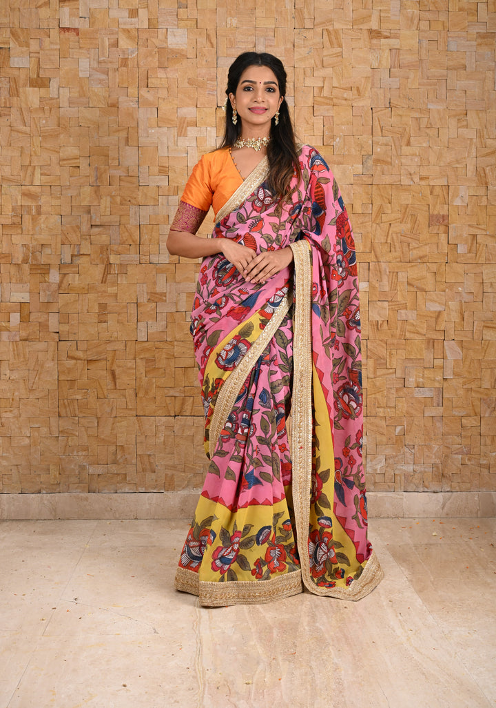 Preorder : Floral Theme : Pink Authentic pen kalamkari on pure Georgette Silk Saree with Lace Border | SILK MARK CERTIFIED