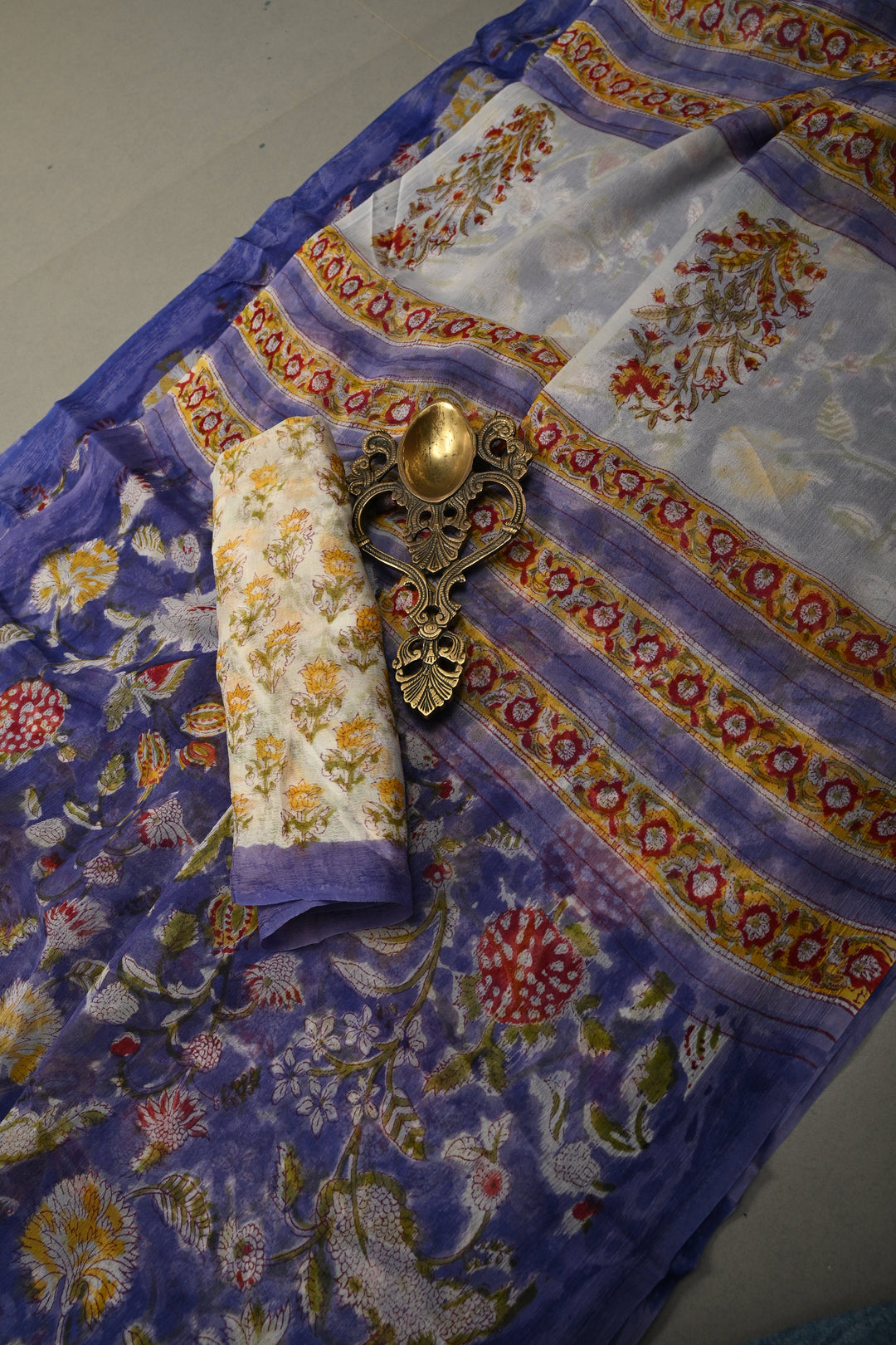 Periwinkle Georgette Saree with Sanganeri Hand Block Print | SHOBITAM
