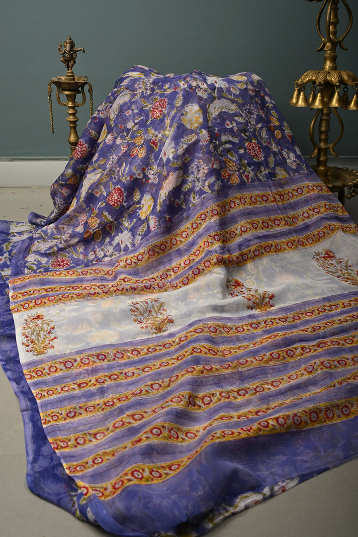 Periwinkle Georgette Saree with Sanganeri Hand Block Print | SHOBITAM