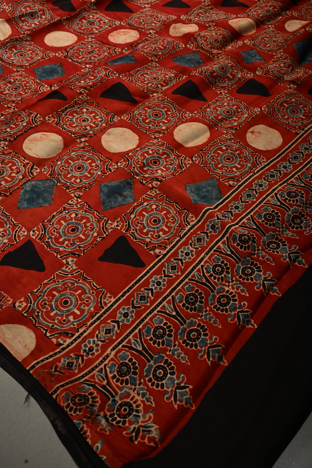 Black Modal Silk Saree with Ajrakh Hand Block Print and Black Borders | SHOBITAM