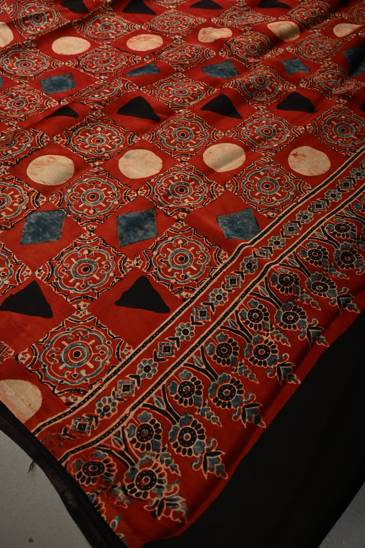 Black Modal Silk Saree with Ajrakh Hand Block Print and Black Borders | SHOBITAM