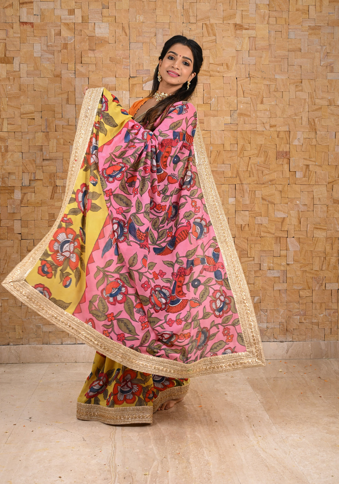 Preorder : Floral Theme : Pink Authentic pen kalamkari on pure Georgette Silk Saree with Lace Border | SILK MARK CERTIFIED