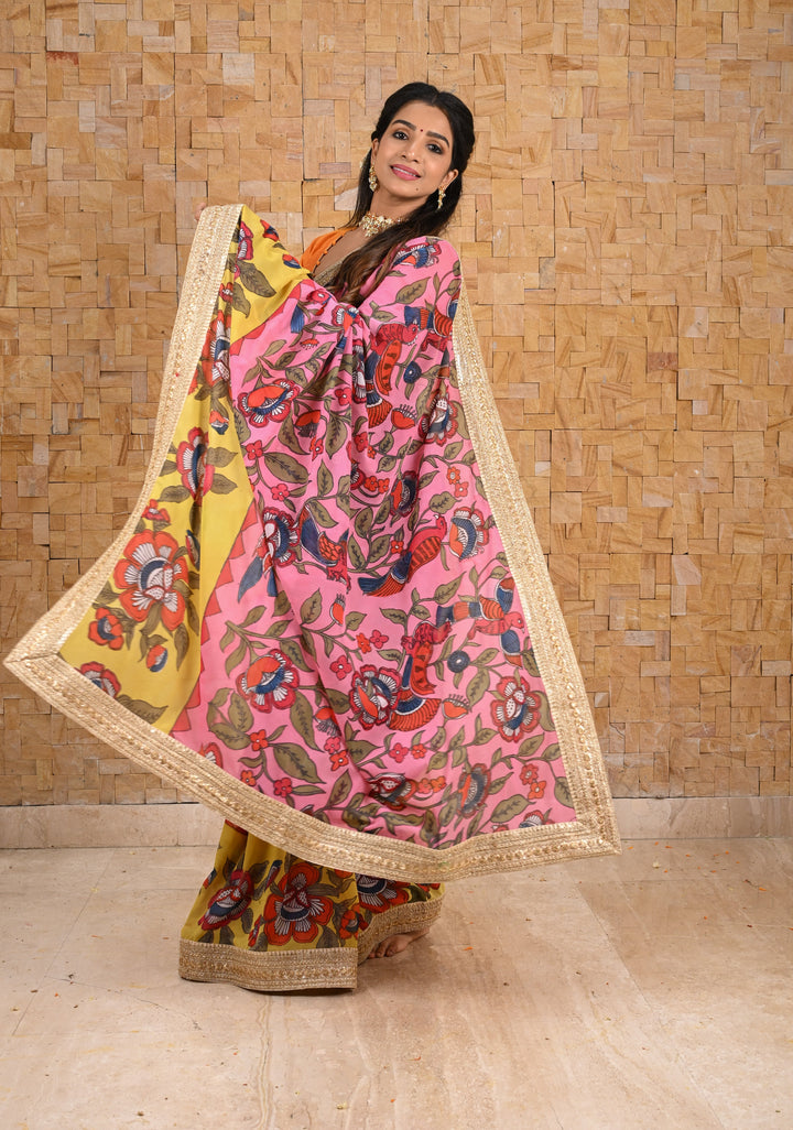 Preorder : Floral Theme : Pink Authentic pen kalamkari on pure Georgette Silk Saree with Lace Border | SILK MARK CERTIFIED