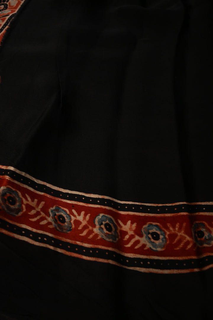 Black Modal Silk Saree with Ajrakh Hand Block Print and Black Borders | SHOBITAM