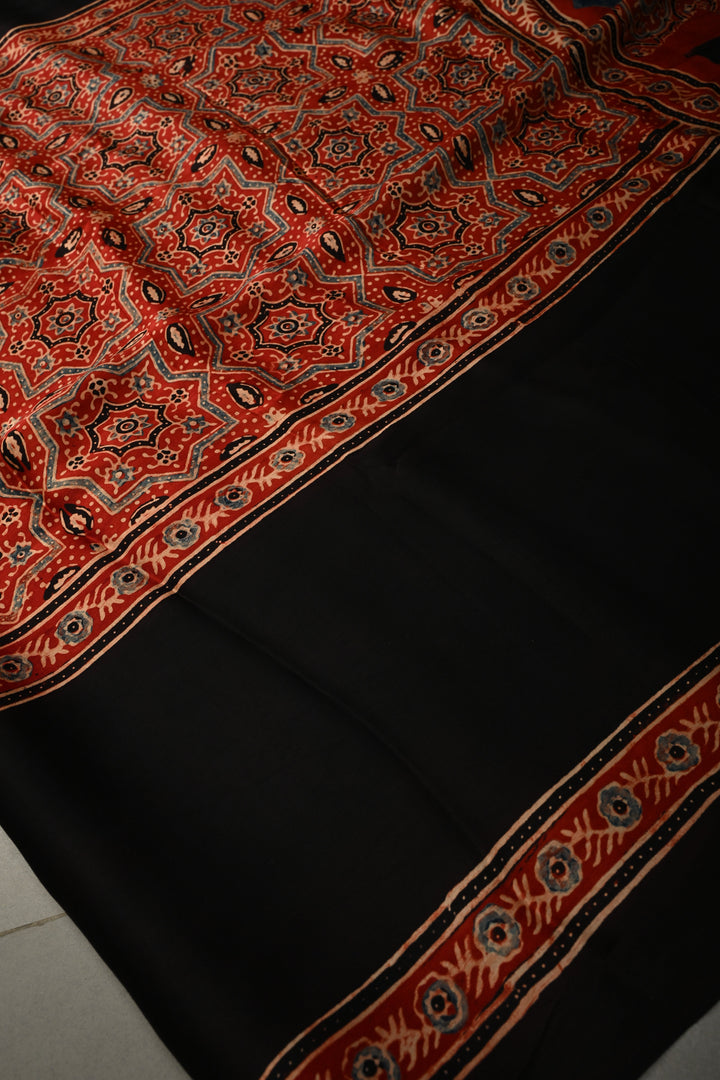 Black Modal Silk Saree with Ajrakh Hand Block Print and Black Borders | SHOBITAM