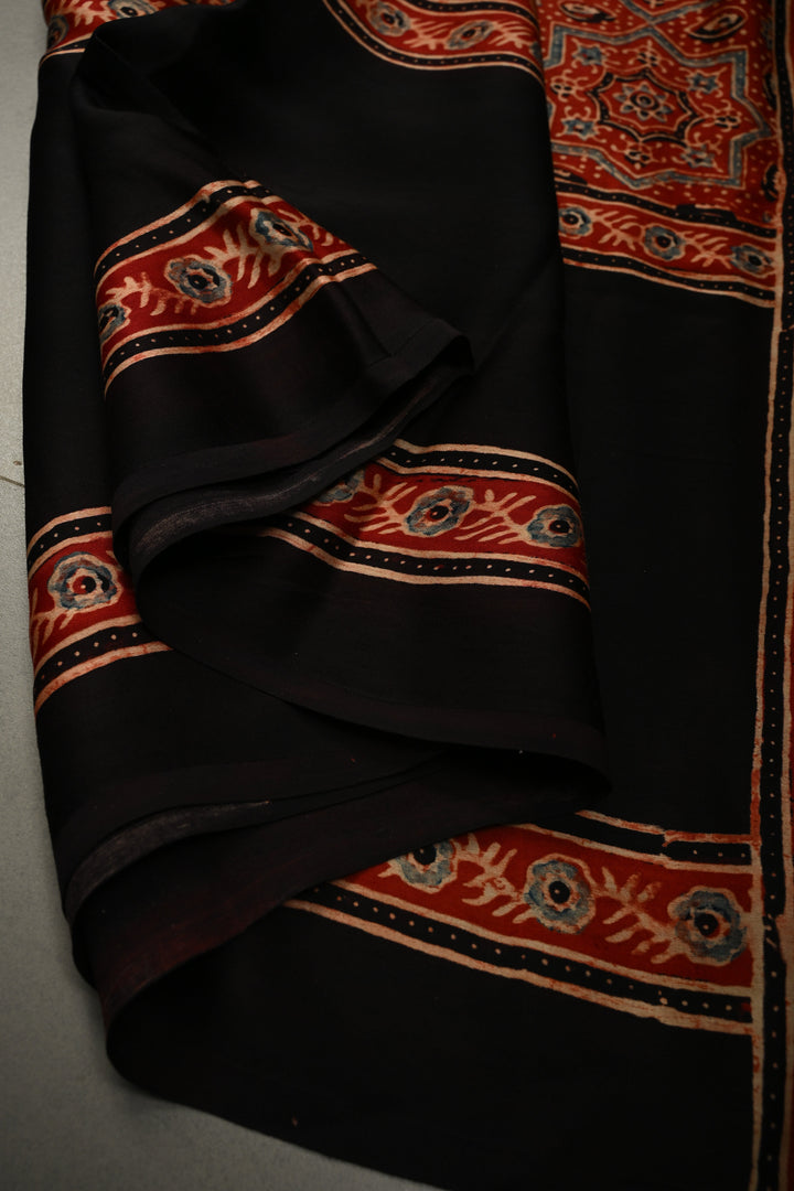 Black Modal Silk Saree with Ajrakh Hand Block Print and Black Borders | SHOBITAM