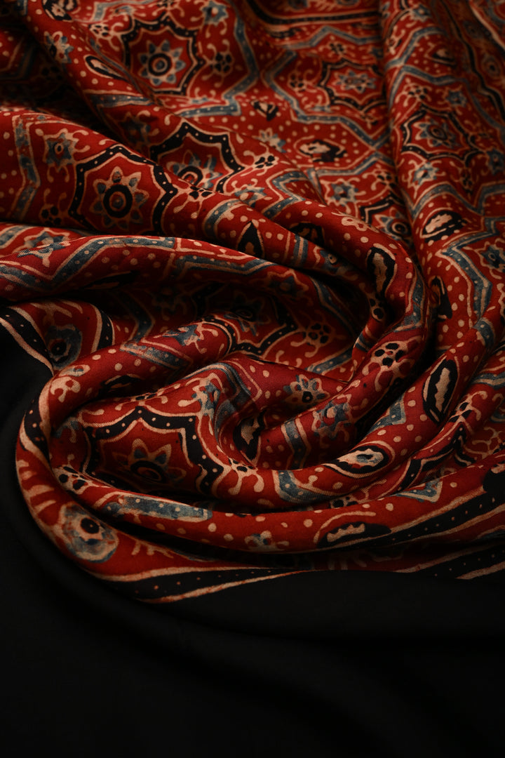 Black Modal Silk Saree with Ajrakh Hand Block Print and Black Borders | SHOBITAM