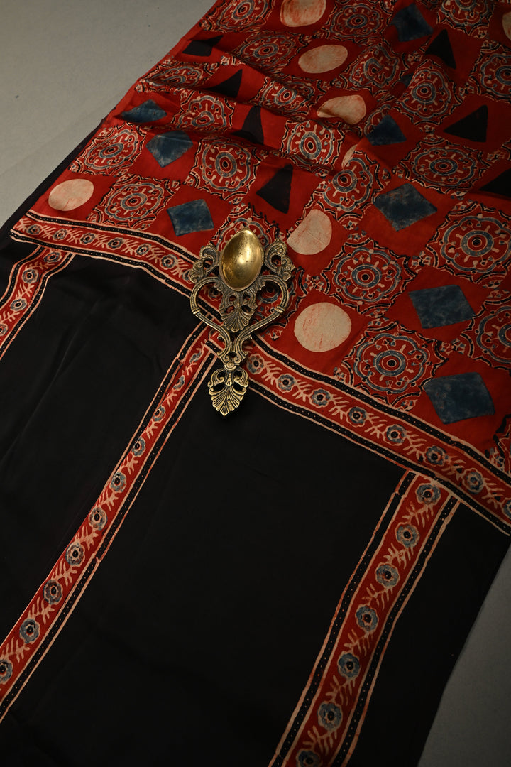 Black Modal Silk Saree with Ajrakh Hand Block Print and Black Borders | SHOBITAM
