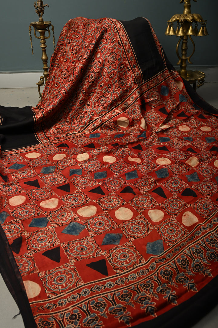 Black Modal Silk Saree with Ajrakh Hand Block Print and Black Borders | SHOBITAM